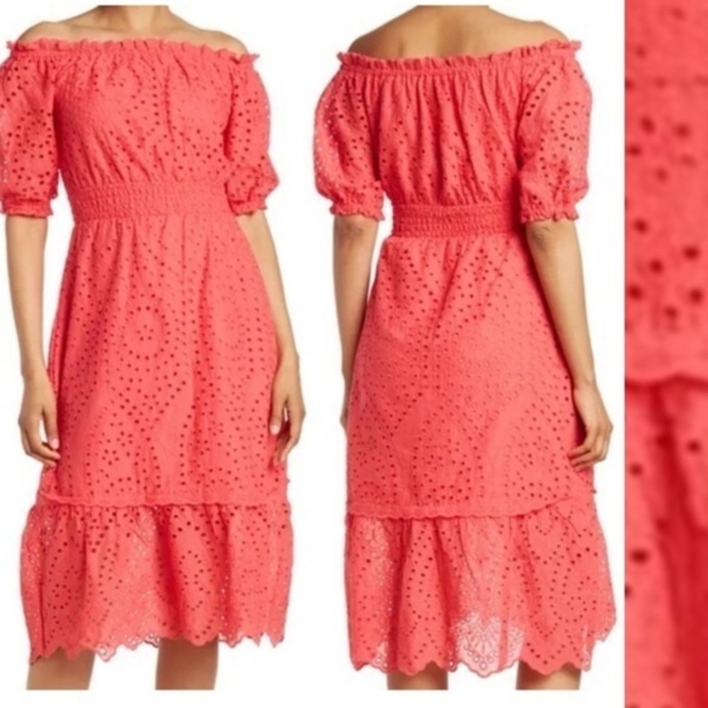 Betsey Johnson Coral Eyelet Midi Dress Size  Large  Cotton Boho Summer